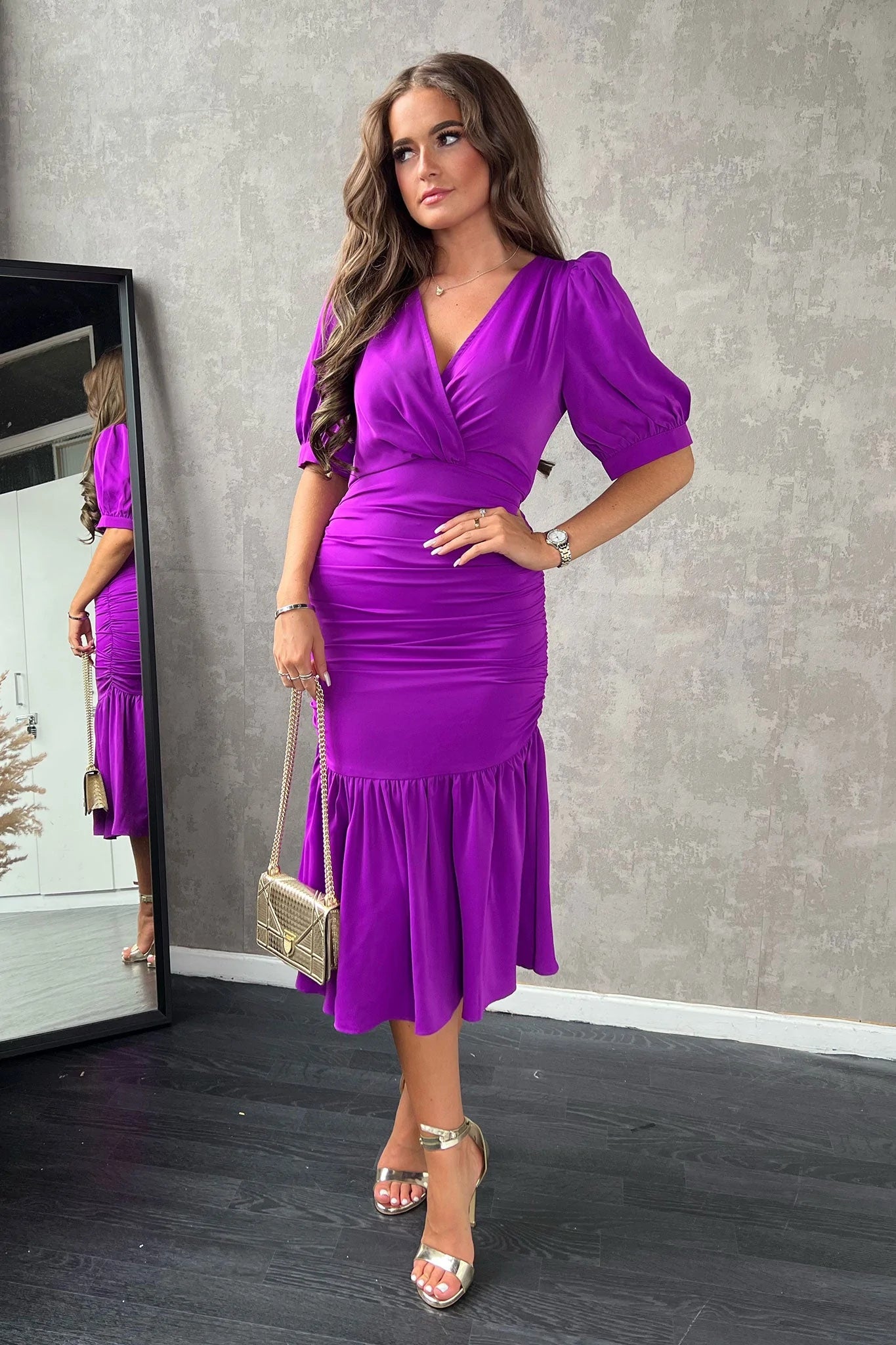 Nina Orchid Puff Sleeve Ruched Midi Dress